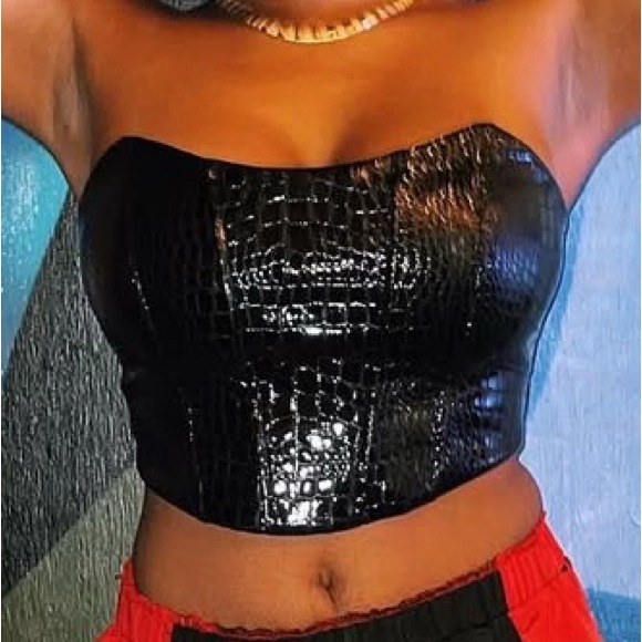 Tops - Strapless Black Croc-Embossed Satin Bustier Top